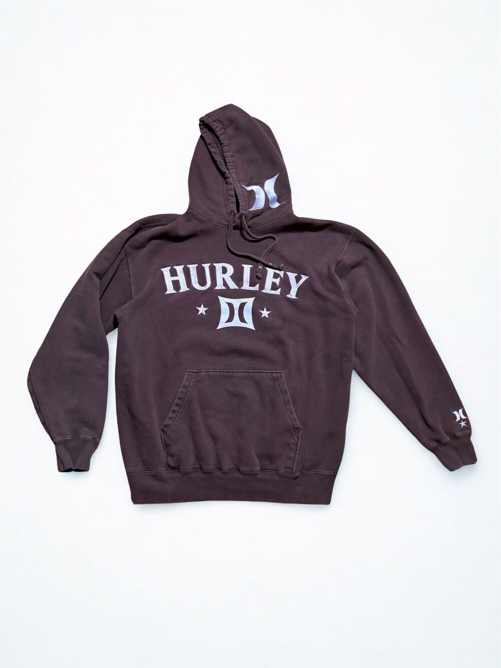 Vtg Y2K Hurley Brown Hoodie Pale Blue Accents Star Logo Patch Oversized Fit